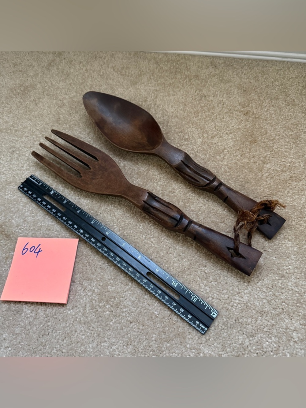 Hand-Carved Wooden Salad art decoration Server Set 13" Dark Brown vintage